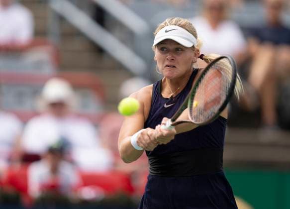 August 8, 2023, MONTREAL, PQ, Canada: Peyton Stearns of the United States, hits a return to Leylah Fernandez of Canada, during the National Bank Open tennis tournament in Montreal, Tuesday, August 8, 2023. Canada News - August 8, 2023 - ZUMAc35_ 20230808_zaf_c35_041 Copyright: xChristinnexMuschix