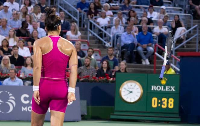 August 8, 2023, MONTREAL, PQ, Canada: Bianca Andreescu of Canada, throws her racket as she reacts during her game against Camila Giorgi of Italy, during the National Bank Open tennis tournament in Montreal, Tuesday, August 8, 2023. Canada News - August 8, 2023 - ZUMAc35_ 20230808_zaf_c35_083 Copyright: xChristinnexMuschix