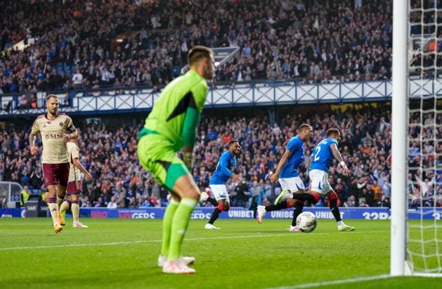 Mandatory Credit: Photo by Stuart Wallace Shutterstock (14047767l) Rangers Captain James Tavernier celebrates scoring from the penalty spot to give Rangers a 1-0 lead after Todd Cantwell of Rangers was fouled inside the penalty area by David Douline of Servette. Rangers v Servette, UEFA Champions League, Third Qualifying Round, Football, Ibrox Stadium, Glasgow, UK - 09 Aug 2023 EDITORIAL USE ONLY No use with unauthorised audio, video, data, fixture lists, club league logos or live services. Online in-match use limited to 120 images, no video emulation. No use in betting, games or single club league player publications. Rangers v Servette, UEFA Champions League, Third Qualifying Round, Football, Ibrox Stadium, Glasgow, UK - 09 Aug 2023 EDITORIAL USE ONLY No use with unauthorised audio, video, data, fixture lists, club league logos or live services. Online in-match use limited to 120 images, no video emulation. No use in betting, games or single club league player publications. Copyright: xStuartxWallace Shutterstockx 14047767l
