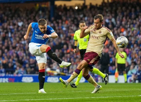 Mandatory Credit: Photo by Stuart Wallace Shutterstock (14047767w) Nicolas Raskin of Rangers shoots at goal under pressure from Timothe Cognat of Servette. Rangers v Servette, UEFA Champions League, Third Qualifying Round, Football, Ibrox Stadium, Glasgow, UK - 09 Aug 2023 EDITORIAL USE ONLY No use with unauthorised audio, video, data, fixture lists, club league logos or live services. Online in-match use limited to 120 images, no video emulation. No use in betting, games or single club league player publications. Rangers v Servette, UEFA Champions League, Third Qualifying Round, Football, Ibrox Stadium, Glasgow, UK - 09 Aug 2023 EDITORIAL USE ONLY No use with unauthorised audio, video, data, fixture lists, club league logos or live services. Online in-match use limited to 120 images, no video emulation. No use in betting, games or single club league player publications. Copyright: xStuartxWallace Shutterstockx 14047767w