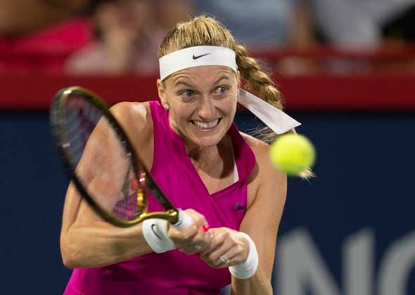 August 9, 2023, MONTREAL, PQ, Canada: Petra Kvitova of the Czech Republic, hits a return to Camila Giorgi of Italy, during the National Bank Open tennis tournament in Montreal, Wednesday, Aug. 9, 2023. Canada News - August 9, 2023 - ZUMAc35_ 20230809_zaf_c35_179 Copyright: xChristinnexMuschix