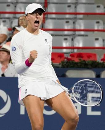 August 11, 2023, MONTREAL, PQ, Canada: Iga Swiatek of Poland, celebrates her win against Danielle Collins of the United States, during quarterfinal action at the National Bank Open tennis tournament in Montreal, Friday, Aug.11, 2023. Canada News - August 11, 2023 - ZUMAc35_ 20230811_zaf_c35_116 Copyright: xChristinnexMuschix