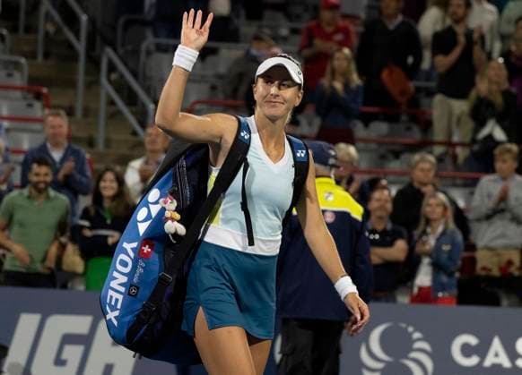 August 11, 2023, MONTREAL, PQ, Canada: Belinda Bencic of Switzerland, waves to the crowd as she exits the court following her loss to Liudmila Samsonova of Russia, during quarterfinal action at the National Bank Open tennis tournament in Montreal, Friday, Aug.11, 2023. Canada News - August 11, 2023 - ZUMAc35_ 20230811_zaf_c35_160 Copyright: xChristinnexMuschix