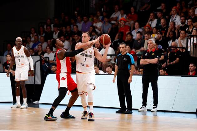 13.08.2023, Deutscher Basketball Bund, Supercup 2023, Hamburg, edel-optics.de Arena, Finale, Deutschland - Kanada, Johannes Voigtmann (GER, No7), Rj Barrett, (CAN, No9) Hamburg edel-optics.de Arena Hamburg Germany