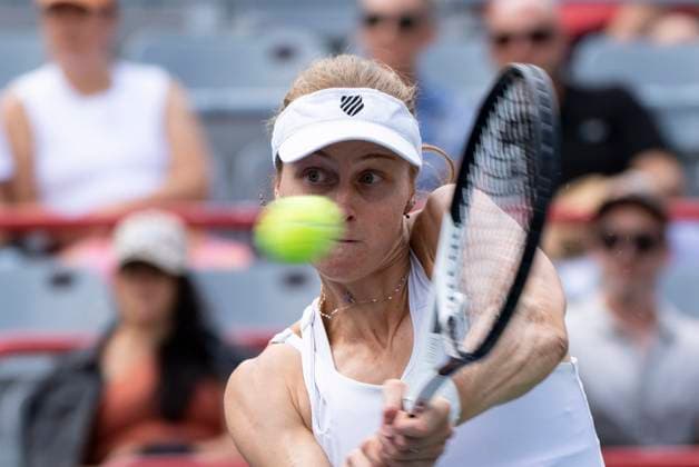 August 13, 2023, MONTREAL, PQ, Canada: Liudmila Samsonova of Russia, hits a return to Elena Rybakina of Kazakhstan, during semifinal action at the National Bank Open tennis tournament in Montreal, Sunday, Aug. 13, 2023. Canada News - August 13, 2023 - ZUMAc35_ 20230813_zaf_c35_010 Copyright: xChristinnexMuschix