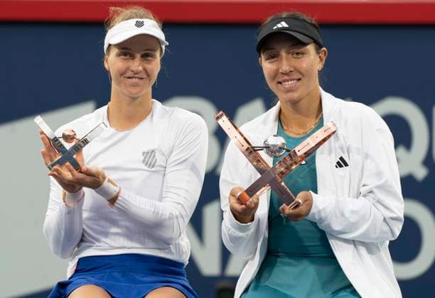 August 13, 2023, MONTREAL, PQ, Canada: Jessica Pegula of the United States, right and Liudmila Samsonova of Russia, hold their trophies following the final of the National Bank Open tennis tournament in Montreal, Sunday, Aug.13, 2023. Canada News - August 13, 2023 - ZUMAc35_ 20230813_zaf_c35_116 Copyright: xChristinnexMuschix