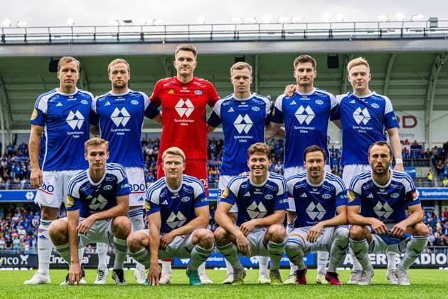 230815 The starting eleven of Molde, from the top left; Martin Bjornbak, Martin Ellingsen, Jacob Karlstrom, Eirik Haugan, Kristoffer Haugen, Ola Brynhildsen, Sivert Mannsverk, Kristian Eriksen, Emil Breivik, Martin Linnes and Magnus Wolff Eikrem poses for a team group, Mannschaftsbild, Totale photo ahead of the UEFA Champions League Qualifying match between Molde and Klaksvik on August 15, 2023 in Molde. Photo: Marius Simensen BILDBYRAN Cop 238 bbeng football fotball fotboll klaksvik mfk molde uefa champions league Copyright: MARIUSxSIMENSEN BB230815ZU003