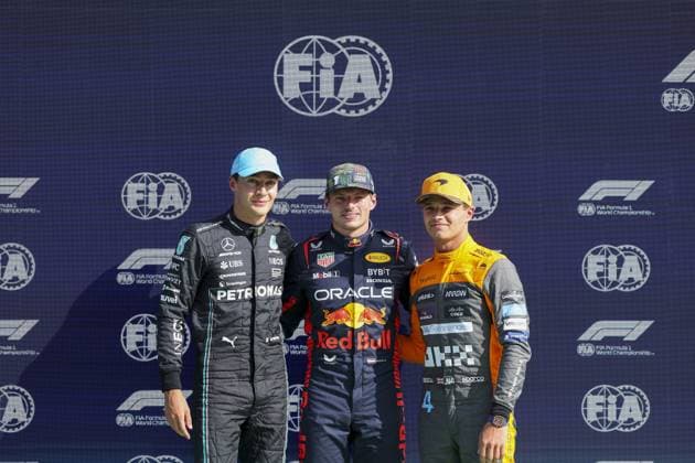 VERSTAPPEN Max (ned), Red Bull Racing RB19, portrait RUSSELL George (gbr), Mercedes AMG F1 Team W14, portrait NORRIS Lando (gbr), McLaren F1 Team MCL60, portrait during the 2023 Formula 1 Heineken Dutch Grand Prix, 13th round of the 2023 Formula One World Championship, WM, Weltmeisterschaft from August 25 to 28, 2023 on the Zandvoort Circuit, in Zandvoort, Netherlands - F1 - DUTCH GRAND PRIX 2023 DPPI Panoramic 00123030_GRL_12207