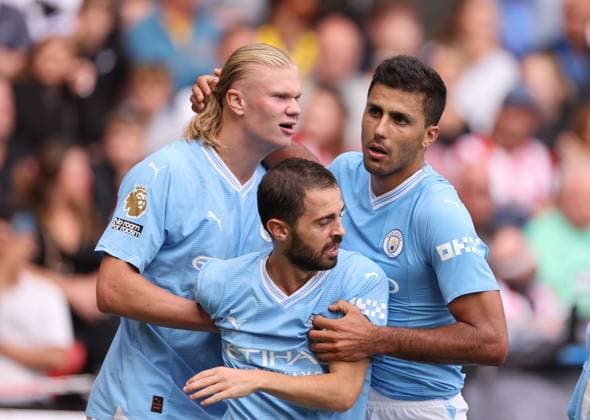 Mandatory Credit: Photo by Ryan Browne Shutterstock (14068018dj) Rodri of Manchester City celebrates a goal 1-2. Sheffield United v Manchester City, Premier League, Football, Bramall Lane, Sheffield, UK - 27 Aug 2023 EDITORIAL USE ONLY No use with unauthorised audio, video, data, fixture lists, club league logos or live services. Online in-match use limited to 120 images, no video emulation. No use in betting, games or single club league player publications. Sheffield United v Manchester City, Premier League, Football, Bramall Lane, Sheffield, UK - 27 Aug 2023 EDITORIAL USE ONLY No use with unauthorised audio, video, data, fixture lists, club league logos or live services. Online in-match use limited to 120 images, no video emulation. No use in betting, games or single club league player publications. Copyright: xRyanxBrowne Shutterstockx 14068018dj