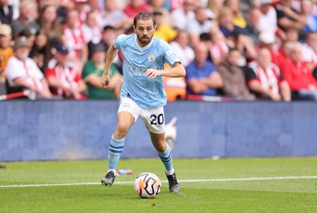 Mandatory Credit: Photo by Ryan Browne Shutterstock (14068018gf) Bernardo Silva of Manchester City. Sheffield United v Manchester City, Premier League, Football, Bramall Lane, Sheffield, UK - 27 Aug 2023 EDITORIAL USE ONLY No use with unauthorised audio, video, data, fixture lists, club league logos or live services. Online in-match use limited to 120 images, no video emulation. No use in betting, games or single club league player publications. Sheffield United v Manchester City, Premier League, Football, Bramall Lane, Sheffield, UK - 27 Aug 2023 EDITORIAL USE ONLY No use with unauthorised audio, video, data, fixture lists, club league logos or live services. Online in-match use limited to 120 images, no video emulation. No use in betting, games or single club league player publications. Copyright: xRyanxBrowne Shutterstockx 14068018gf