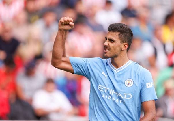 Mandatory Credit: Photo by Ryan Browne Shutterstock (14068018gy) Rodri of Manchester City celebrates a goal 1-2. Sheffield United v Manchester City, Premier League, Football, Bramall Lane, Sheffield, UK - 27 Aug 2023 EDITORIAL USE ONLY No use with unauthorised audio, video, data, fixture lists, club league logos or live services. Online in-match use limited to 120 images, no video emulation. No use in betting, games or single club league player publications. Sheffield United v Manchester City, Premier League, Football, Bramall Lane, Sheffield, UK - 27 Aug 2023 EDITORIAL USE ONLY No use with unauthorised audio, video, data, fixture lists, club league logos or live services. Online in-match use limited to 120 images, no video emulation. No use in betting, games or single club league player publications. Copyright: xRyanxBrowne Shutterstockx 14068018gy