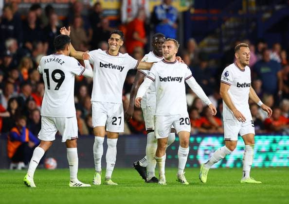 Mandatory Credit: Photo by Michael Zemanek Shutterstock (14074701y) Jarrod Bowen of West Ham United celebrates scoring the opening goal with team-mates Luton Town v West Ham United, Premier League, Football, Kenilworth Road, Luton, UK - 01 Sep 2023 EDITORIAL USE ONLY No use with unauthorised audio, video, data, fixture lists, club league logos or live services. Online in-match use limited to 120 images, no video emulation. No use in betting, games or single club league player publications. Luton Town v West Ham United, Premier League, Football, Kenilworth Road, Luton, UK - 01 Sep 2023 EDITORIAL USE ONLY No use with unauthorised audio, video, data, fixture lists, club league logos or live services. Online in-match use limited to 120 images, no video emulation. No use in betting, games or single club league player publications. Copyright: xMichaelxZemanek Shutterstockx 14074701y
