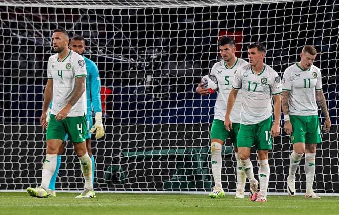 UEFA EURO, EM, Europameisterschaft,Fussball 2024 Qualifying Round Group B, Parc des Princes, Paris, France 7 9 2023 France vs Republic of Ireland Ireland s Shane Duffy, Gavin Bazunu, John Egan, Jason Knight and James McClean Shane Duffy, Gavin Bazunu, John Egan, Jason Knight and James McClean dejected after conceding a goal 7 9 2023 Copyright: x INPHO RyanxByrnex RB1_2087