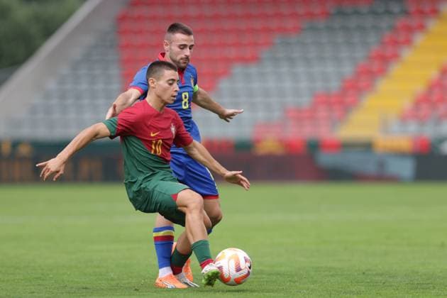 2025 U21, U 21 EURO Qualifying, EM, Europameisterschaft Portugal vs Andorra Pacos de Ferreira, Portugal, September, 8, 2023, 2025 U21 Euro Qualifying, Portugal vs Andorra at the Estadio Capital do Movel, Vasco Sousa (L) vs Eric Izquierdo (R) photography by @guelbergoes Pacos de Ferreira Portugal