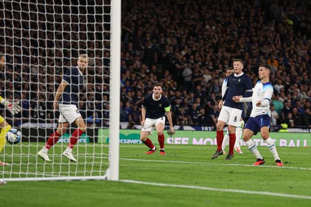 Mandatory Credit: Photo by Paul Currie Shutterstock (14094531w) Phil Foden of England scores the 1st goal Scotland v England, International Friendly, Länderspiel, Nationalmannschaft Football, Hampden Park, Glasgow, UK - 12 Sep 2023 EDITORIAL USE ONLY No use with unauthorised audio, video, data, fixture lists, club league logos or live services. Online in-match use limited to 120 images, no video emulation. No use in betting, games or single club league player publications. Scotland v England, International Friendly, Football, Hampden Park, Glasgow, UK - 12 Sep 2023 EDITORIAL USE ONLY No use with unauthorised audio, video, data, fixture lists, club league logos or live services. Online in-match use limited to 120 images, no video emulation. No use in betting, games or single club league player publications. Copyright: xPaulxCurrie Shutterstockx 14094531w