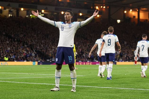 Mandatory Credit: Photo by Paul Currie Shutterstock (14094531aj) Jude Bellingham of England celebrates scoring the 2nd goal Scotland v England, International Friendly, Länderspiel, Nationalmannschaft Football, Hampden Park, Glasgow, UK - 12 Sep 2023 EDITORIAL USE ONLY No use with unauthorised audio, video, data, fixture lists, club league logos or live services. Online in-match use limited to 120 images, no video emulation. No use in betting, games or single club league player publications. Scotland v England, International Friendly, Football, Hampden Park, Glasgow, UK - 12 Sep 2023 EDITORIAL USE ONLY No use with unauthorised audio, video, data, fixture lists, club league logos or live services. Online in-match use limited to 120 images, no video emulation. No use in betting, games or single club league player publications. Copyright: xPaulxCurrie Shutterstockx 14094531aj