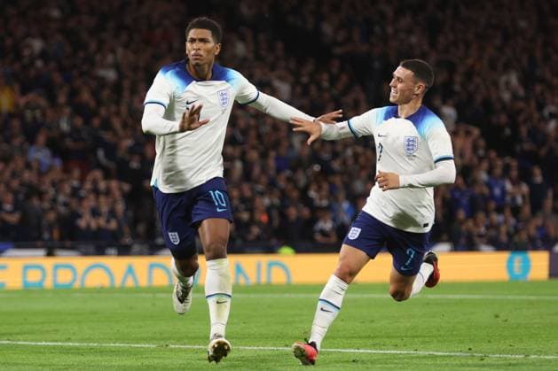 Mandatory Credit: Photo by Paul Currie Shutterstock (14094531aq) Jude Bellingham of England celebrates scoring the 2nd goal Scotland v England, International Friendly, Länderspiel, Nationalmannschaft Football, Hampden Park, Glasgow, UK - 12 Sep 2023 EDITORIAL USE ONLY No use with unauthorised audio, video, data, fixture lists, club league logos or live services. Online in-match use limited to 120 images, no video emulation. No use in betting, games or single club league player publications. Scotland v England, International Friendly, Football, Hampden Park, Glasgow, UK - 12 Sep 2023 EDITORIAL USE ONLY No use with unauthorised audio, video, data, fixture lists, club league logos or live services. Online in-match use limited to 120 images, no video emulation. No use in betting, games or single club league player publications. Copyright: xPaulxCurrie Shutterstockx 14094531aq