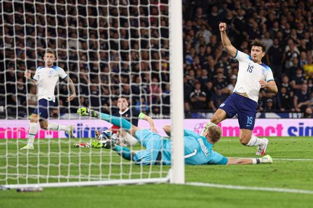 Mandatory Credit: Photo by Paul Currie Shutterstock (14094531bv) Harry McGuire of England scores an own goal to make it 1-2 Scotland v England, International Friendly, Länderspiel, Nationalmannschaft Football, Hampden Park, Glasgow, UK - 12 Sep 2023 EDITORIAL USE ONLY No use with unauthorised audio, video, data, fixture lists, club league logos or live services. Online in-match use limited to 120 images, no video emulation. No use in betting, games or single club league player publications. Scotland v England, International Friendly, Football, Hampden Park, Glasgow, UK - 12 Sep 2023 EDITORIAL USE ONLY No use with unauthorised audio, video, data, fixture lists, club league logos or live services. Online in-match use limited to 120 images, no video emulation. No use in betting, games or single club league player publications. Copyright: xPaulxCurrie Shutterstockx 14094531bv