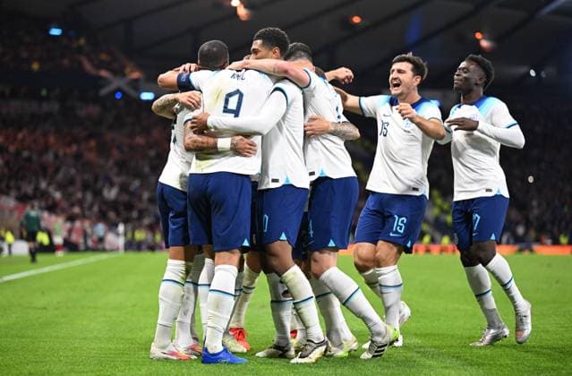 Glasgow, Scotland, 12th September 2023. Harry Kane of England celebrates scoring his sides 3rd goal during the International Friendly, Länderspiel, Nationalmannschaft match at Hampden Park, Glasgow. Picture credit should read: Neil Hanna Sportimage EDITORIAL USE ONLY. No use with unauthorised audio, video, data, fixture lists, club league logos or live services. Online in-match use limited to 120 images, no video emulation. No use in betting, games or single club league player publications. SPI-2563-0073