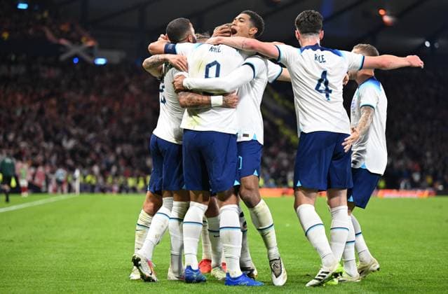 Glasgow, Scotland, 12th September 2023. Harry Kane of England celebrates scoring his sides 3rd goal during the International Friendly, Länderspiel, Nationalmannschaft match at Hampden Park, Glasgow. Picture credit should read: Neil Hanna Sportimage EDITORIAL USE ONLY. No use with unauthorised audio, video, data, fixture lists, club league logos or live services. Online in-match use limited to 120 images, no video emulation. No use in betting, games or single club league player publications. SPI-2563-0074