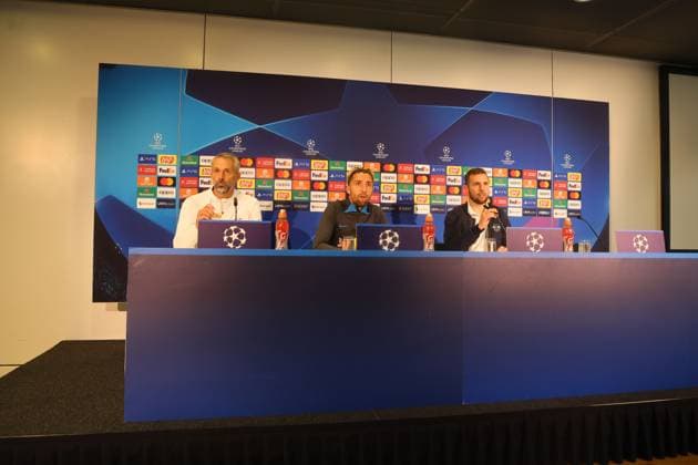 Bern - RB Leipzig CL Matchday-1 Bern, 18.09.2023, Wankdorf Stadion, Fussball , UEFA Champions League, Gruppe G , MD-1, Young Boys Bern vs. RB Leipzig , Pressekonferenz RB Leipzig , Im Bild vl.l: Trainer Marco Rose, Kevin Kampl und RBL Pressesprecher Till Müller. , Foto nur zur redaktionellen Nutzung bestimmt! . , UEFA regulations prohibit any use of photographs as image sequences and or quasi-video ,