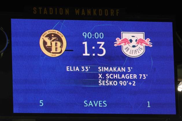 Bern - RB Leipzig Champions League Bern, 19.09.2023, Wankdorf Stadion, Fussball , UEFA Champions League, Gruppe G , 1. Spieltag, Young Boys Bern vs. RB Leipzig , Im Bild: Anzeigetafel mit dem Endstand von 1:3 . , Foto nur zur redaktionellen Nutzung bestimmt! . , UEFA regulations prohibit any use of photographs as image sequences and or quasi-video ,