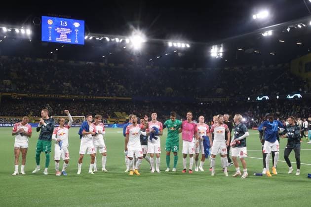 Bern - RB Leipzig Champions League Bern, 19.09.2023, Wankdorf Stadion, Fussball , UEFA Champions League, Gruppe G , 1. Spieltag, Young Boys Bern vs. RB Leipzig , Im Bild: Siegjubel RB Leipzig . , Foto nur zur redaktionellen Nutzung bestimmt! . , UEFA regulations prohibit any use of photographs as image sequences and or quasi-video ,