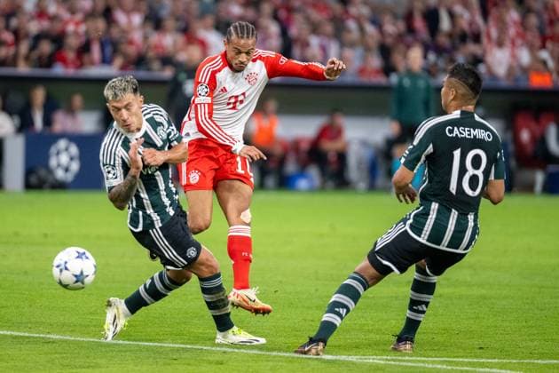 Tor zum 1:0 durch Leroy Sane (FC Bayern Muenchen, 10), GER, FC Bayern Muenchen (FCB) vs. Manchester United, ManU (MUN), Fussball, Champions League, Gruppenphase, Spielzeit 2023 2024, 20.09.2023, DFB DFL regulations prohibit any use of photographs as image sequences and or quasi-video., GER, FC Bayern Muenchen (FCB) vs. Manchester United (MUN), Fussball, Champions League, Gruppenphase, Spielzeit 2023 2024, 20.09.2023 Muenchen Copyright: xEibner-Pressefoto SaschaxWaltherx EP_EER