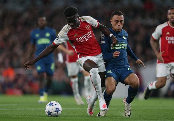 Arsenal v PSV Eindhoven, UEFA Champions League, Group B, Emirates Stadium, London, UK. - 20th September 2023. Bukayo Saka of Arsenal. - Arsenal v PSV Eindhoven, UEFA Champions League, Group B, Emirates Stadium, London, UK. - 20th September 2023. London Emirates Stadium UK Copyright: xDanxWeirx CP_Arsenal_PSV_140