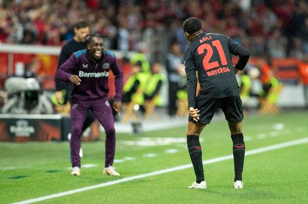 UEFA Europa League, Bayer Leverkusen - BK Haecken, 21.09.2023 Amine ADLI (Bayer 04 Leverkusen, 21) und Jeremie FRIMPONG (Bayer 04 Leverkusen, 30) bejubeln das Tor zum 2:0, UEFA Europa League, Bayer 04 Leverkusen - BK Haecken, 1. Gruppenspiel, am 21.09.2023, BayArena, Leverkusen DFL regulations prohibit any use of photographs as image sequences and or quasi-video Copyright: xBEAUTIFULxSPORTS Meuselx
