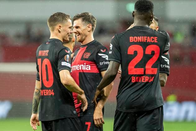 UEFA Europa League, Bayer Leverkusen - BK Haecken, 21.09.2023 Jonas HOFMANN (Bayer 04 Leverkusen, 7) jubelt mit Florian WIRTZ (Bayer 04 Leverkusen, 10) nach seinem Tor, UEFA Europa League, Bayer 04 Leverkusen - BK Haecken, 1. Gruppenspiel, am 21.09.2023, BayArena, Leverkusen DFL regulations prohibit any use of photographs as image sequences and or quasi-video Copyright: xBEAUTIFULxSPORTS Meuselx