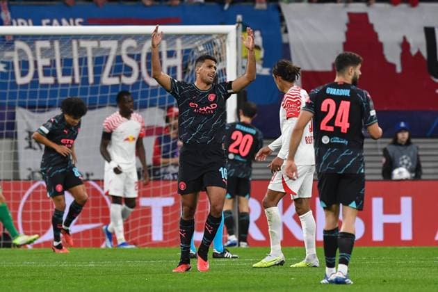 Fussball, Herren, Saison 2023 2024, UEFA Champions League (Gruppe G, 2. Spieltag), RB Leipzig - Manchester City, v. l. Rodri (Manchester City) enttaeuscht, disappointed, gestikuliert, gestures, 04.10. 2023, Copyright: xSebastianxRäppold MatthiasxKochx