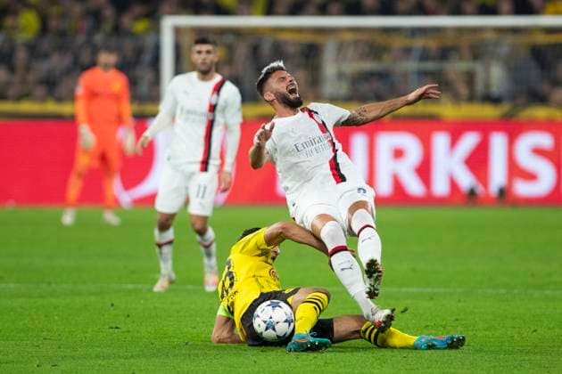 UEFA Champions League, Borussia Dortmund - AC Mailand, 04.10.2023 Emre Can (Borussia Dortmund, 23) im Zweikampf mit Olivier Giroud (AC Mailand, 9), UEFA Champions League, Borussia Dortmund - AC Mailand, 2. Gruppenspiel, am 4.10.2023, Signal Iduna Park, Dortmund UEFA regulations prohibit any use of photographs as image sequences and or quasi-video Copyright: xBEAUTIFULxSPORTS Meuselx