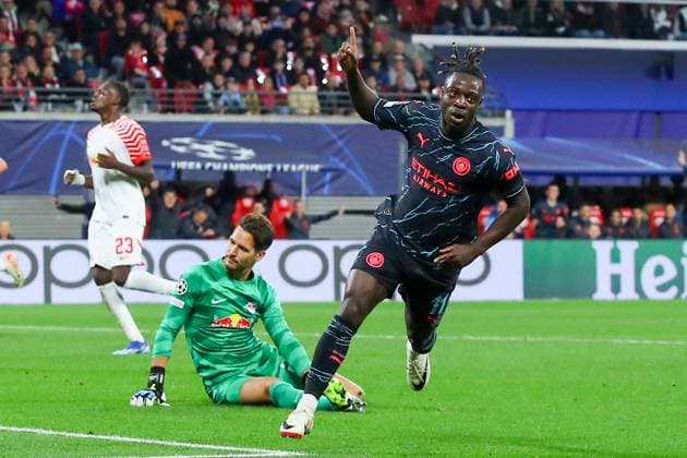 RB Leipzig - Manchester City Champions League Leipzig, 04.10.2023, Red Bull Arena, Fussball, Männer, Saison 2023 2024, UEFA Champions League, Gruppenphase, 2. Spieltag , RB Leipzig - Manchester City 1:3 (0:1) , Im Bild: Tor für Manchester, Torjubel nach dem 1:3, Torschütze Jeremy Doku (11, Manchester) ,