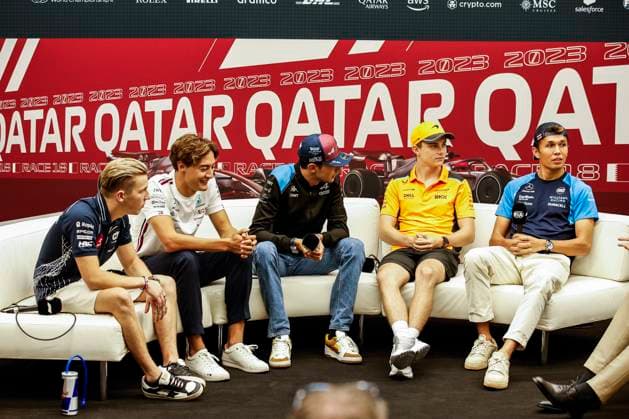 LAWSON Liam (nzl), Scuderia AlphaTauri AT04, portrait RUSSELL George (gbr), Mercedes AMG F1 Team W14, portrait OCON Esteban (fra), Alpine F1 Team A523, portrait PIASTRI Oscar (aus), McLaren F1 Team MCL60, portrait ALBON Alexander (tha), Williams Racing FW45, portrait press conference, PK, Pressekonferenz during the 2023 Formula 1 Qatar Grand Prix, 17th round of the 2023 Formula One World Championship, WM, Weltmeisterschaft from October 6 to 8, 2023 on the Lusail International Circuit, in Doha, Qatar - F1 - QATAR GRAND PRIX 2023 DPPI Panoramic 00123038__R3_9435