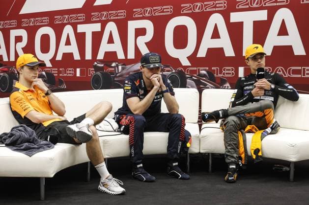 PIASTRI Oscar (aus), McLaren F1 Team MCL60, portrait VERSTAPPEN Max (ned), Red Bull Racing RB19, portrait NORRIS Lando (gbr), McLaren F1 Team MCL60, portrait press conference, PK, Pressekonferenz during the 2023 Formula 1 Qatar Grand Prix, 17th round of the 2023 Formula One World Championship, WM, Weltmeisterschaft from October 6 to 8, 2023 on the Lusail International Circuit, in Doha, Qatar - F1 - QATAR GRAND PRIX 2023 - RACE DPPI Panoramic 00123039__R3_9747