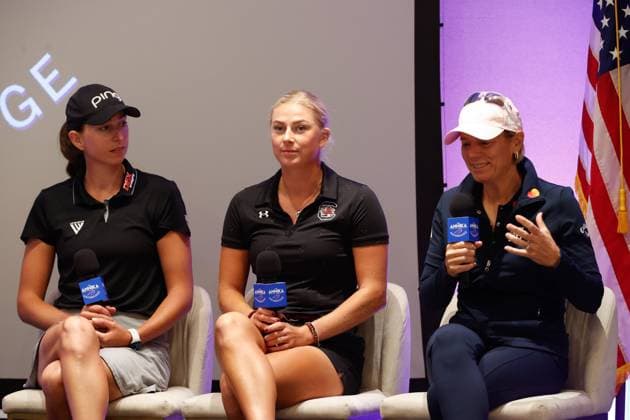 October 12, 2023, Belleair, Florida, USA: From left to right, LPGA, Golf Damen Tour winner and Tampa resident Elizabeth Szokol, South Carolinaâ€⠢s Louise Rydqvist and golf hall of famer Annika Sorenstam answer questions from reporter Todd Lewis during a media day event at the Pelican Golf Club on Thursday, Oct. 12, 2023, in Belleair. Belleair USA - ZUMAs70_ 0308115301st Copyright: xJeffereexWoox