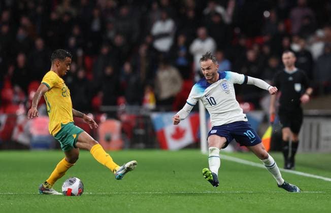 London, England, 13th October 2023. James Maddison of England and Keanu Baccus of Australia during the International Friendly, Länderspiel, Nationalmannschaft match at Wembley Stadium, London. Picture credit should read: David Klein Sportimage EDITORIAL USE ONLY. No use with unauthorised audio, video, data, fixture lists, club league logos or live services. Online in-match use limited to 120 images, no video emulation. No use in betting, games or single club league player publications. SPI-2645-0027