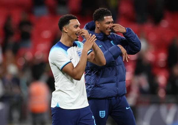 London, England, 13th October 2023. Trent Alexander-Arnold of England and Jude Bellingham of England hold their noses as they walk off the pitch during the International Friendly, Länderspiel, Nationalmannschaft match at Wembley Stadium, London. Picture credit should read: David Klein Sportimage EDITORIAL USE ONLY. No use with unauthorised audio, video, data, fixture lists, club league logos or live services. Online in-match use limited to 120 images, no video emulation. No use in betting, games or single club league player publications. SPI-2645-0077
