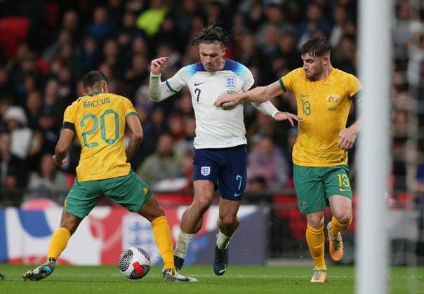 England v Australia, International Friendly, Länderspiel, Nationalmannschaft Match, Wembley Stadium, London, UK - 13th October 2023 Jack Grealish of England & Manchester City battles Ryan Strain of Australia & St Mirren. - England v Australia, International Friendly Match, Wembley Stadium, London, UK - 13th October 2023. London Wembley Stadium UK Copyright: xDanxWeirx CP_England_Australia_46