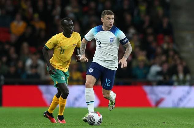 England v Australia, International Friendly, Länderspiel, Nationalmannschaft Match, Wembley Stadium, London, UK - 13th October 2023 Kieran Trippier of England & Newcastle United battles Awer Mabil of Australia & Grasshoppers. - England v Australia, International Friendly Match, Wembley Stadium, London, UK - 13th October 2023. London Wembley Stadium UK Copyright: xDanxWeirx CP_England_Australia_137