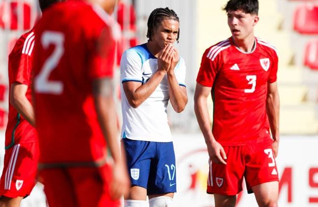 EDITORIAL USE ONLY No use with unauthorised audio, video, data, fixture lists, club league logos or live services. Online in-match use limited to 120 images, no video emulation. No use in betting, games or single club league player publications. England U19 v Wales U19, UEFA European Under-19 Championship Qualifying, Group L, Football, DG Arena, Podgorica, Montenegro - 14 Oct 2023 EDITORIAL USE ONLY No use with unauthorised audio, video, data, fixture lists, club league logos or live services. Online in-match use limited to 120 images, no video emulation. No use in betting, games or single club league player publications. Copyright: xNikolaxKrstic Shutterstockx 14147586dc