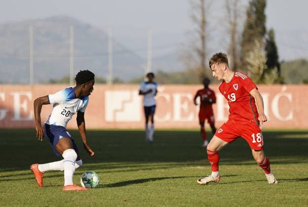 EDITORIAL USE ONLY No use with unauthorised audio, video, data, fixture lists, club league logos or live services. Online in-match use limited to 120 images, no video emulation. No use in betting, games or single club league player publications. England U19 v Wales U19, UEFA European Under-19 Championship Qualifying, Group L, Football, DG Arena, Podgorica, Montenegro - 14 Oct 2023 EDITORIAL USE ONLY No use with unauthorised audio, video, data, fixture lists, club league logos or live services. Online in-match use limited to 120 images, no video emulation. No use in betting, games or single club league player publications. Copyright: xNikolaxKrstic Shutterstockx 14147586fv