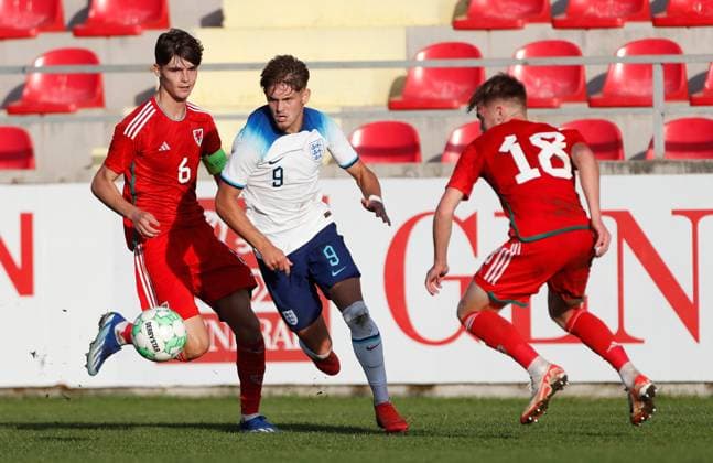 EDITORIAL USE ONLY No use with unauthorised audio, video, data, fixture lists, club league logos or live services. Online in-match use limited to 120 images, no video emulation. No use in betting, games or single club league player publications. England U19 v Wales U19, UEFA European Under-19 Championship Qualifying, Group L, Football, DG Arena, Podgorica, Montenegro - 14 Oct 2023 EDITORIAL USE ONLY No use with unauthorised audio, video, data, fixture lists, club league logos or live services. Online in-match use limited to 120 images, no video emulation. No use in betting, games or single club league player publications. Copyright: xNikolaxKrstic Shutterstockx 14147586go