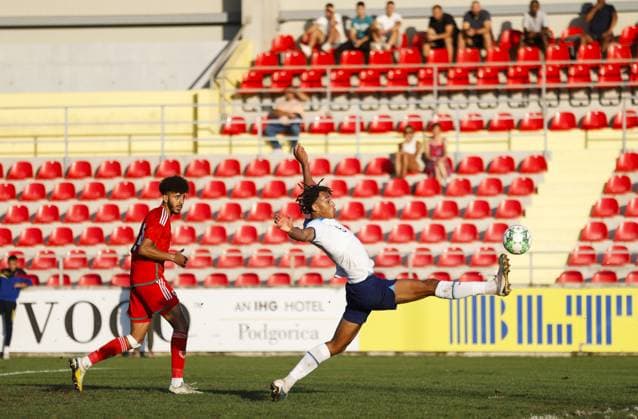 EDITORIAL USE ONLY No use with unauthorised audio, video, data, fixture lists, club league logos or live services. Online in-match use limited to 120 images, no video emulation. No use in betting, games or single club league player publications. England U19 v Wales U19, UEFA European Under-19 Championship Qualifying, Group L, Football, DG Arena, Podgorica, Montenegro - 14 Oct 2023 EDITORIAL USE ONLY No use with unauthorised audio, video, data, fixture lists, club league logos or live services. Online in-match use limited to 120 images, no video emulation. No use in betting, games or single club league player publications. Copyright: xNikolaxKrstic Shutterstockx 14147586hk
