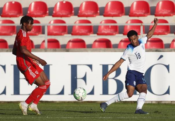 EDITORIAL USE ONLY No use with unauthorised audio, video, data, fixture lists, club league logos or live services. Online in-match use limited to 120 images, no video emulation. No use in betting, games or single club league player publications. England U19 v Wales U19, UEFA European Under-19 Championship Qualifying, Group L, Football, DG Arena, Podgorica, Montenegro - 14 Oct 2023 EDITORIAL USE ONLY No use with unauthorised audio, video, data, fixture lists, club league logos or live services. Online in-match use limited to 120 images, no video emulation. No use in betting, games or single club league player publications. Copyright: xNikolaxKrstic Shutterstockx 14147586hi