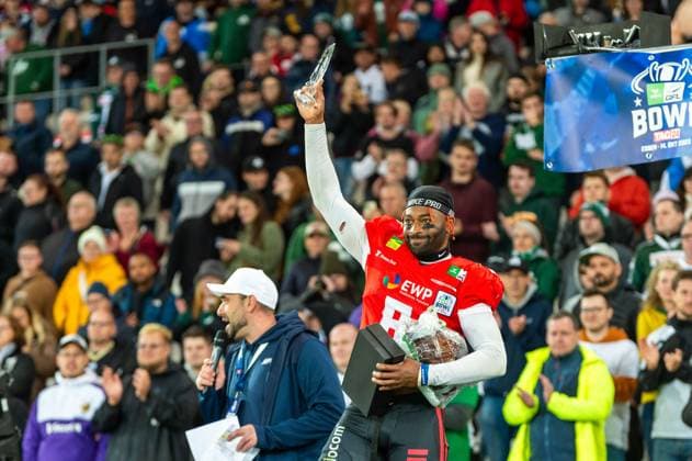 MVP Jaylon Henderson (8, QB, Potsdam Royals) GER, Potsdam Royals vs Schwaebisch Hall Unicorns, GFL, Saison 2023, GFL-Bowl, Finale, 14.10.2023, GER, Potsdam Royals vs Schwaebisch Hall Unicorns, GFL, Saison 2023, GFL-Bowl, Finale, 14.10.2023 Essen Copyright: xEibner-Pressefoto FlorianxWolfx EP_FWF