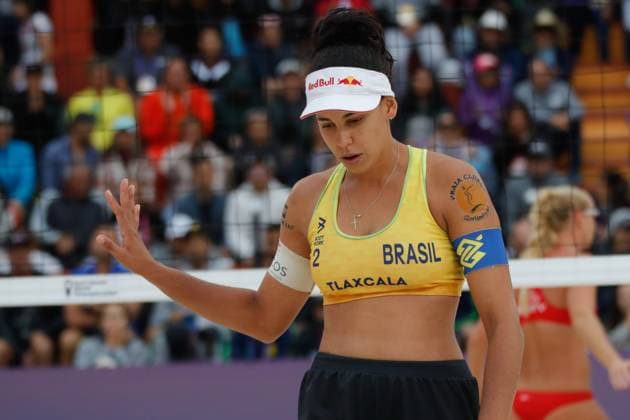 October 16, 2023, Tlaxcala, Ciudad de Mexico, Mexico: October 15, 2023, Tlaxcala, Mexico: Eduarda Duda Lisboa of Brazil competes against team USA during the Beach volleyball, Beachvolleyball World Championship, WM, Weltmeisterschaft Women s Final between USA and Brazil. on October 15, 2023 in Tlaxcala, Mexico. Tlaxcala Mexico - ZUMAe321 20231016_zsa_e321_075 Copyright: xEssenexHernandez xEyepixxGroupx