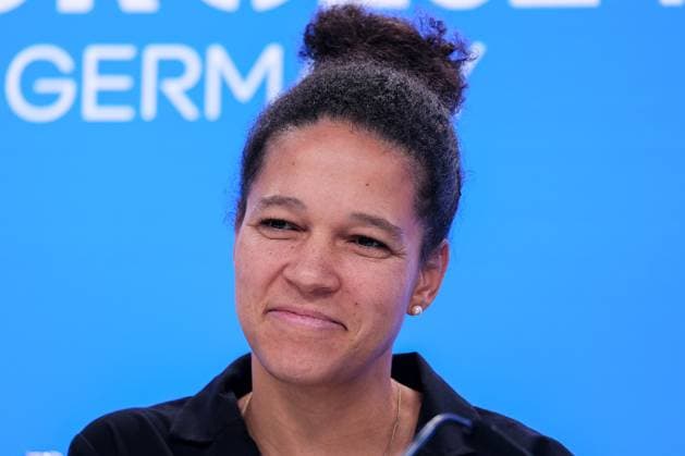 Celia Sasic, (Botschafterin, UEFA EURO, EM, Europameisterschaft,Fussball 2024) laechelnd, GER, Pressekonferenz, UEFA Working Visits EURO 2024, Frankfurt am Main, 16.10.2023, GER, Pressekonferenz, UEFA Working Visits EURO 2024, Frankfurt am Main, 16.10.2023. Frankfurt am Main Copyright: xEibner-Pressefoto FlorianxWieganx EP_FWD