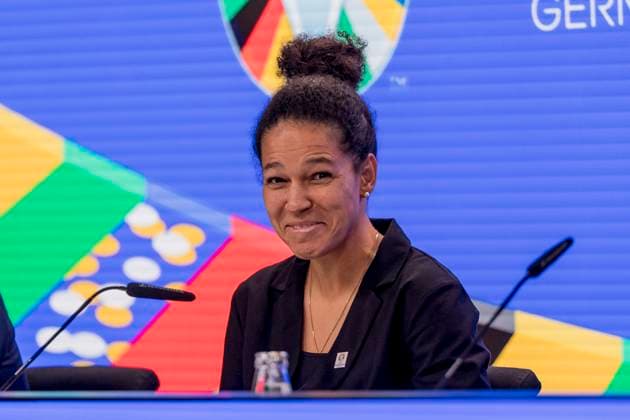 UEFA EURO, EM, Europameisterschaft,Fussball 2024 Pressekonferenz, eutsche Bank Park, Frankfurt, 16.10.2023 Celia Sasic, Botschafterin der UEFA EURO 2024, UEFA Euro 2024 PK, Frankfurt, Eissporthalle, 16.10.2023 Copyright: xBEAUTIFULxSPORTS Gawlikx